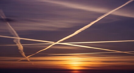 Sky trails at sunset aircraft contrails in air