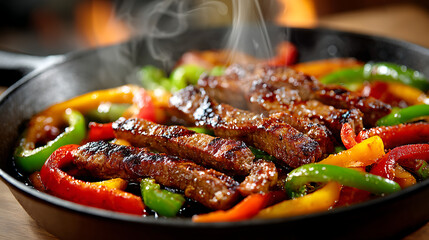 hot background 1 strips with ai skillet steaming restaurant grilled on generative table, blurred warm bell appeal. peppers enhancing food and in light 97109839 beef 29055107 1