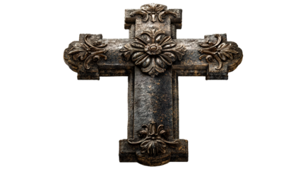Stone Cross with Floral Embellishments religious christian isolated on a transparent background