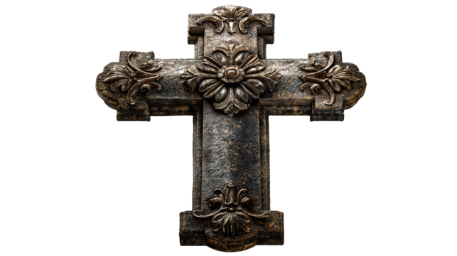 Stone Cross with Floral Embellishments religious christian isolated on a transparent background
