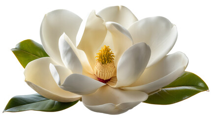 Obraz premium White Magnolia Flower with Green Leaves bloom blossom isolated on a transparent background