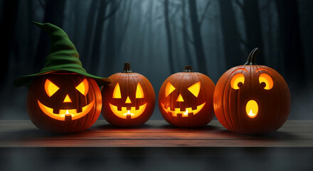 Four orange pumpkins with carved faces, one wearing a green witch hat, illuminated from within, representing Halloween, celebration, and festive spirit