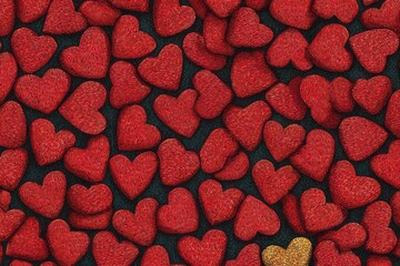Numerous textured red hearts fill the frame, with one golden heart standing out.