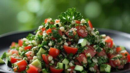 Vibrant, fresh tabbouleh salad bursting with juicy tomatoes, crisp cucumber, and fluffy couscous, perfect for healthy Mediterranean dining.