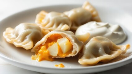 Savoring delicious pierogi filled with creamy potato and cheese, served with a dollop of cool sour cream for a perfect comfort food experience.