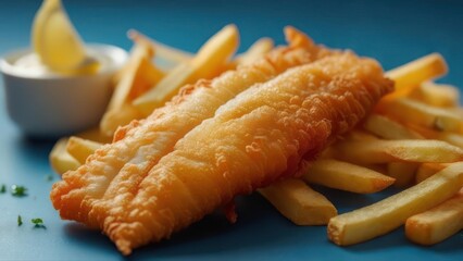 Crispy golden battered fish and chips served with a zesty lemon wedge and creamy tartar sauce on a vibrant blue background