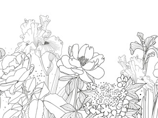 Seamless border with garden flowers. Floral background with peony, hydrangea, rose and iris. Vector illustration. 