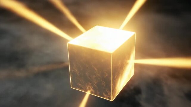 Glowing cube suspended in fog radiates light amidst swirling mist during twilight hours