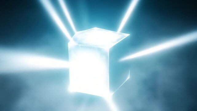 Glowing cube suspended in fog radiates light amidst swirling mist during twilight hours