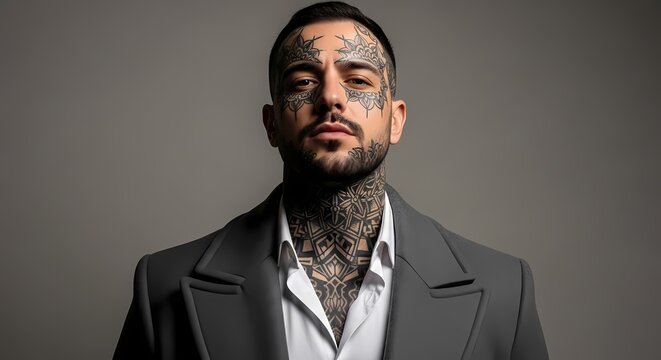Tattooed Man in Suit Studio Portrait - Face Tattoos, Serious Expression