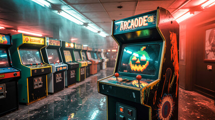 Haunted arcade with flickering neon lights, ghostly players, retro game screens glowing in the dark