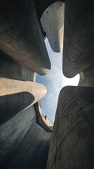 Obraz premium Looking upward within a cavernous, abstract, textured, brutalist concrete structure