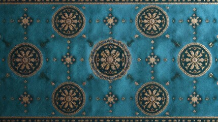 Teal fabric displays ornate gold circular and floral patterns.