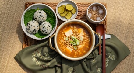 Cheonggukjang Picnic-Style Meal with Brassware, Rice Balls, and Fresh Air Lighting (Korean Cuisine)