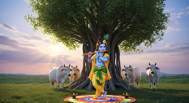Lord Krishna Standing Under Sacred Banyan Tree with Cows at Sunset Divine Hindu God