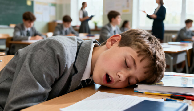 tired schoolboy sleeping on classroom desk during lesson in a busy school environment - Powered by Adobe