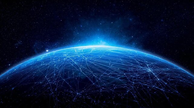 Brightening Earth horizon starting network tracing across digital globe in starfield, nodes pulsing