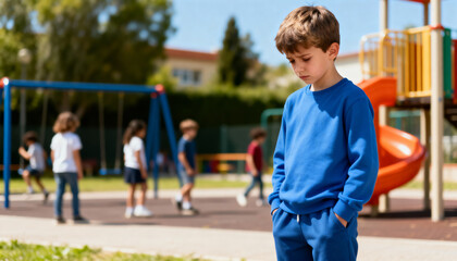 young boy looking sad in playground while children play on swings and slide on sunny day