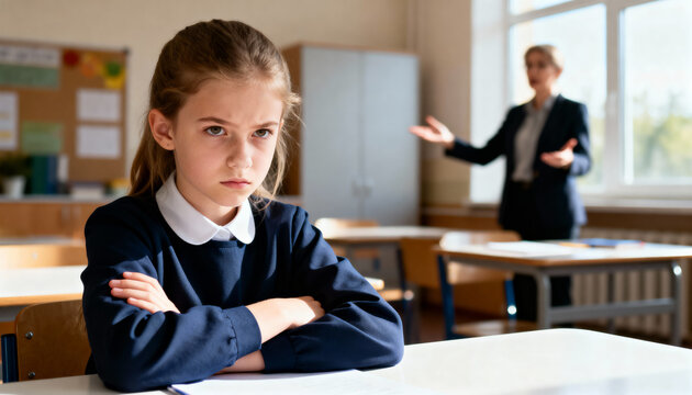young girl feeling upset in classroom while teacher expresses frustration in background