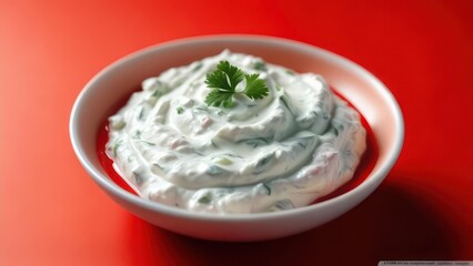 Creamy herb dip with fresh parsley garnish in a white bowl against a vibrant red background, perfect for appetizers and snacks.