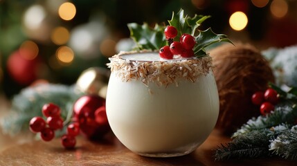 A festive holiday drink in a glass, garnished with holly and red berries. The background features Christmas decorations and a cozy atmosphere.