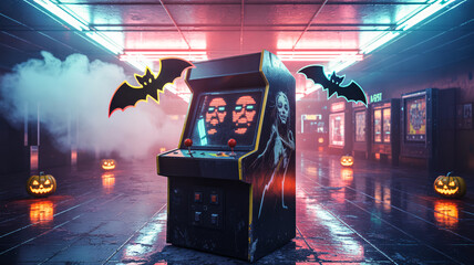 Haunted arcade with flickering neon lights, ghostly players, retro game screens glowing in the dark