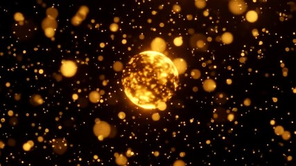 Golden particles swirling around a luminous orb in a dark background - Powered by Adobe