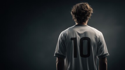 A young  man with curly hair stands with his back to the camera, wearing a white soccer jersey with the number 10. The background is dark and dramatic.