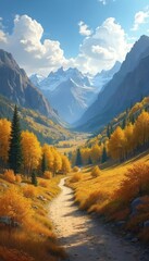 Winding dirt path leads through scenic autumn mountain valley. Golden trees glow with fall foliage color, creating vibrant natural beauty. Snow capped peaks rise high under blue sky with white