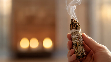 Fototapeta premium Hand holding a burning sage bundle, smoke gently curling. Soft, warm background light enhances the serene atmosphere. Ritualistic, calming, and purifying.