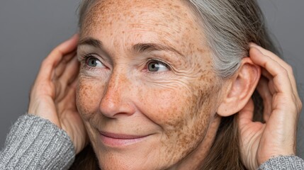 Fototapeta premium Senior woman with gray hair and freckles, smiling gently while touching her hair. She wears a cozy gray sweater against a neutral background.