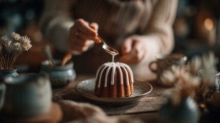 A woman decorates a small bundt cake with icing. The scene includes rustic tableware and soft lighting, creating a cozy atmosphere for baking.