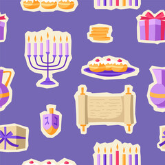 Happy Hanukkah pattern with stickers. Background with holiday objects.
