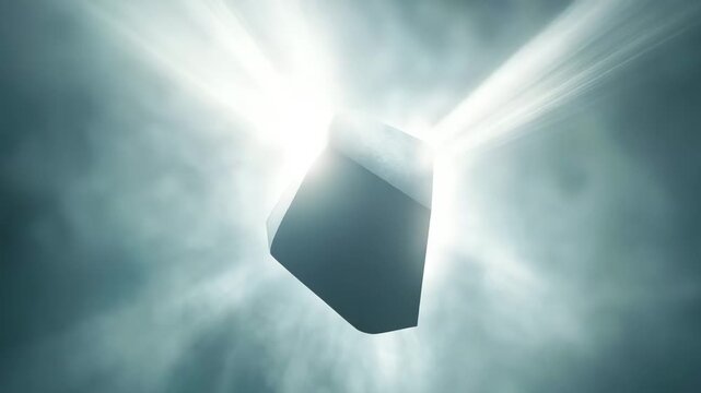 Glowing cube suspended in fog radiates light amidst swirling mist during twilight hours