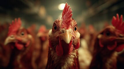 Close-up of a group of brown chickens in a poultry farm. The chickens have red combs and wattles, with a blurred background of more chickens.