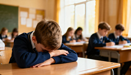 young boy resting on desk during class in bright classroom with students focused on studying