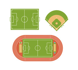 Sports fields set with soccer baseball track stadium