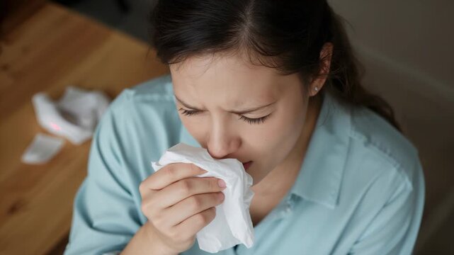 Having congestion, woman in blue shirt blowing nose at home table, reaching tissue clearing sinuses