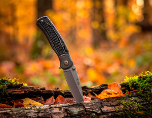 Folding knife stuck in a log, outdoor survival concept