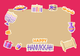 Happy Hanukkah card design with stickers. Illustration with holiday objects.