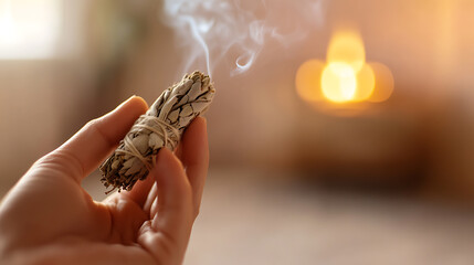 Obraz premium A hand holds a smudge stick, releasing fragrant smoke. The soft glow of light creates a calming atmosphere. Perfect for relaxation and ritual practices.