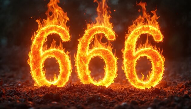Three 6 numbers formed with burning orange fire. The infernal digits stand on dark ground with glowing embers. Represents evil, hell, or the devil.