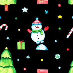 Seamless watercolor pattern. Hand-drawn mittens, lollipops, Christmas tree ornaments, a penguin, a Christmas tree, and a snowman, isolated on a black background. Design for wrapping paper.