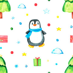 Seamless watercolor pattern. Hand-drawn mittens, candy canes, Christmas tree ornaments, a penguin, a Christmas tree, and a snowman, isolated on a white background. Design for wrapping paper.