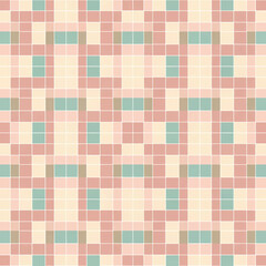 Fototapeta premium A seamless geometric pattern featuring a repeating arrangement of small squares in pastel shades of pink, cream, and teal, creating a symmetrical, tiled effect.