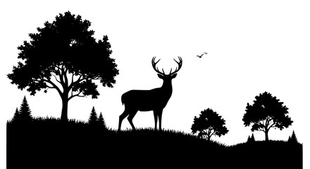 Silhouette of a deer standing on a hill with trees, black and white vector, modern eco design, balanced negative space