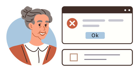 Elderly woman engaging with digital content, looking at an error popup with an Ok button. Ideal for technology, usability, senior education, online challenges, user experience, digital literacy