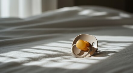 soft morning light falls on baby pacifier on a rumpled bed with gentle shadows