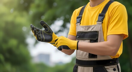 Professional gardener in a bright yellow shirt preparing to work outdoors while putting on protective gloves, showcasing the importance of safety in landscape and gardening tasks.