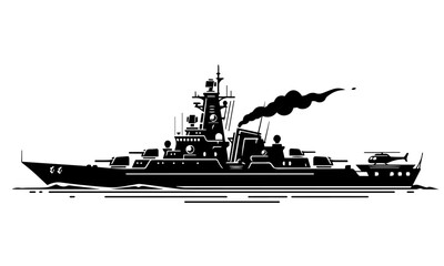 Monochrome Destroyer Warship Silhouette with Smoke and Helicopter